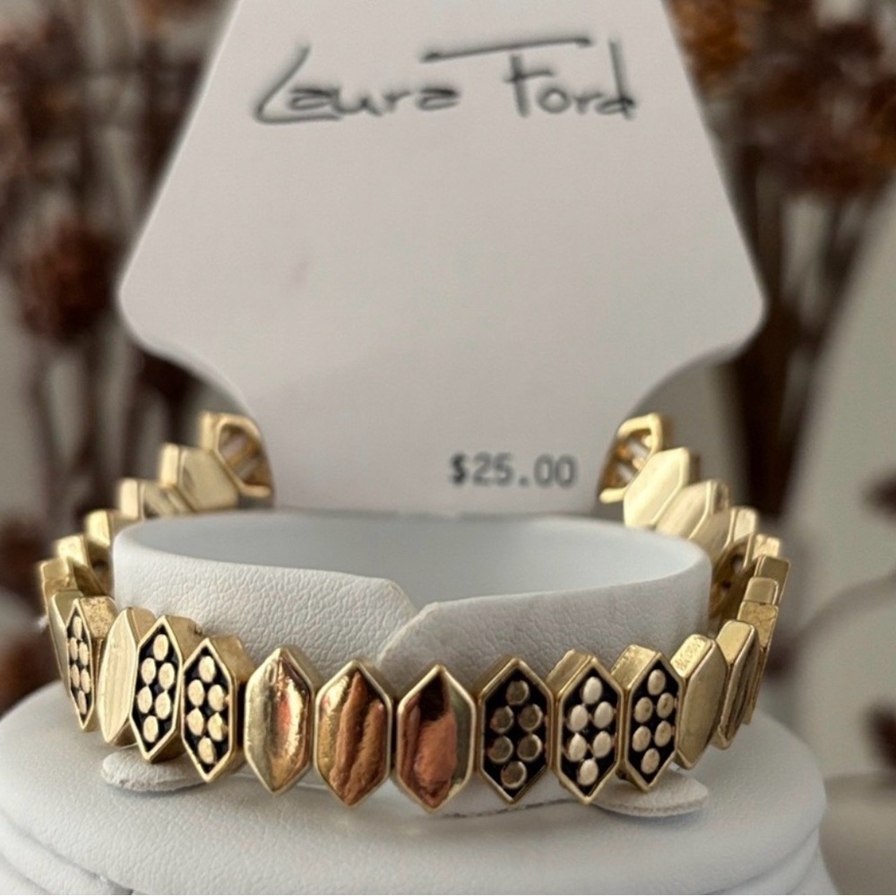 Laura Ford Hexagon Goldtone stretch bracelet,black wash under raised balls